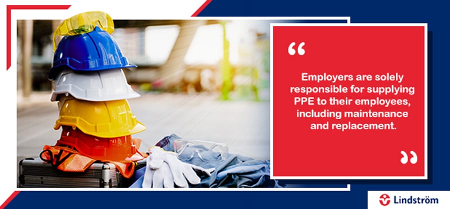 Stack of PPE gear with safety quote about employer responsibility.