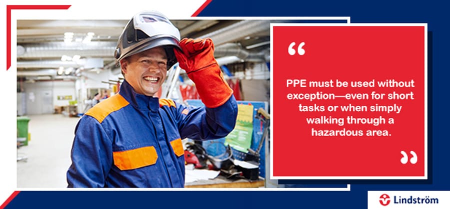 Smiling worker in PPE with safety reminder about mandatory usage in hazardous areas.