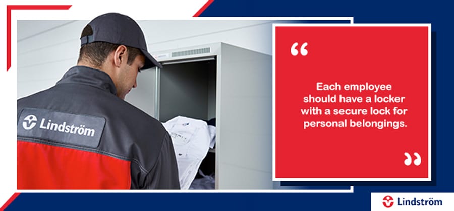 An employee using a personal locker at workplace to store belongings securely.