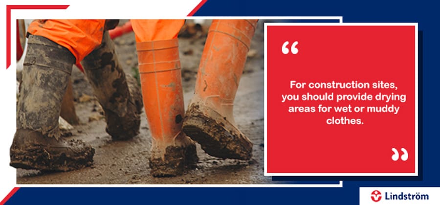 Muddy construction boots highlighting need for drying areas on site.