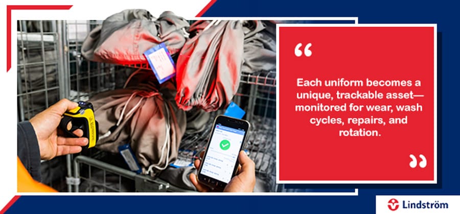 RFID-tracked work uniforms scanned for wear, wash cycles, and maintenance.